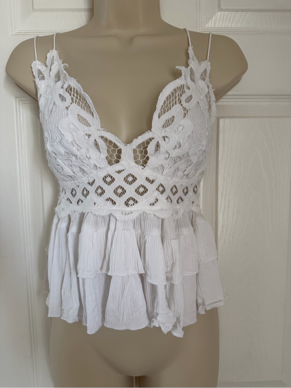 Free People FP One Small White Crochet Lace Ruffle Strappy Boho Top